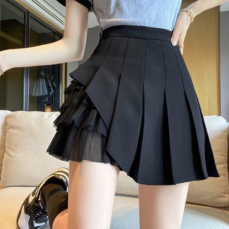 BIYABY Mesh Splicing Mini Pleated Skirts for Women Japanese Style Kawaii Skirt Teen Girl Casual High Waisted A Line Short Skirts