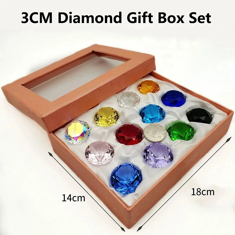 Crystal Glass Diamond Jewel Paperweight Room Decor Children Toys 12 Color Round Cut Crystal Gem Gift Box Set (12pcs) 2