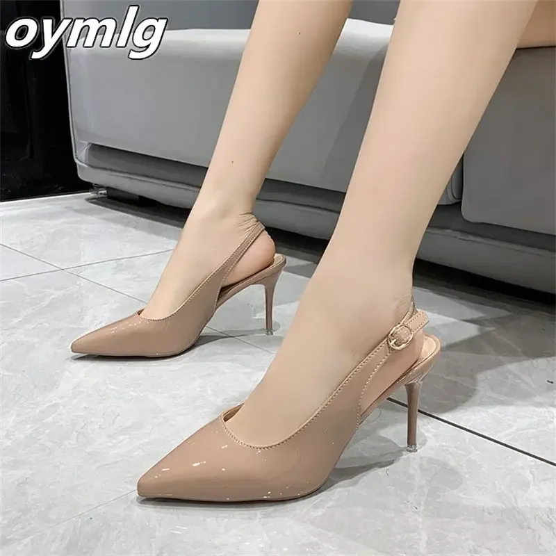 

Spring 2024 New High Heels Slim Heels Pointed Shallow Mouth Superfiber Nude Color Baotou Fashion Summer Sandals