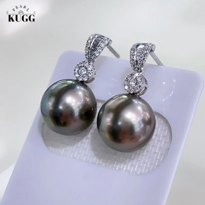 KUGG PEARL 18K White Gold Earrings 10-11mm Natural Tahiti Black Pearl Stud Earrings Shiny Diamond Party Jewelry for Women