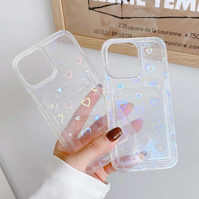 Transparent Laser Phone Case For iPhone 11 13 12 Pro Max XS X XR 7 8 Plus SE 2 Love Gradient Silicone Wallet Cover Card Holder 13 pro max cases