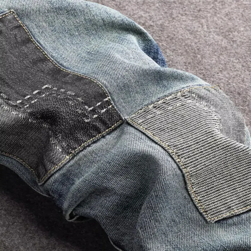High Street Fashion Men Jeans Retro Washed Blue Stretch Slim Fit Ripped Jeans Men Patched Designer Hip Hop Denim Pencil Pants