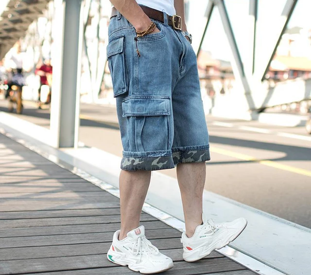 KJHD Summer Denim Overalls Cropped Pants Big Pocket Men's Shorts Hip Hop  Loose Plus Size Denim Short Men (Color : A, Size : 30)