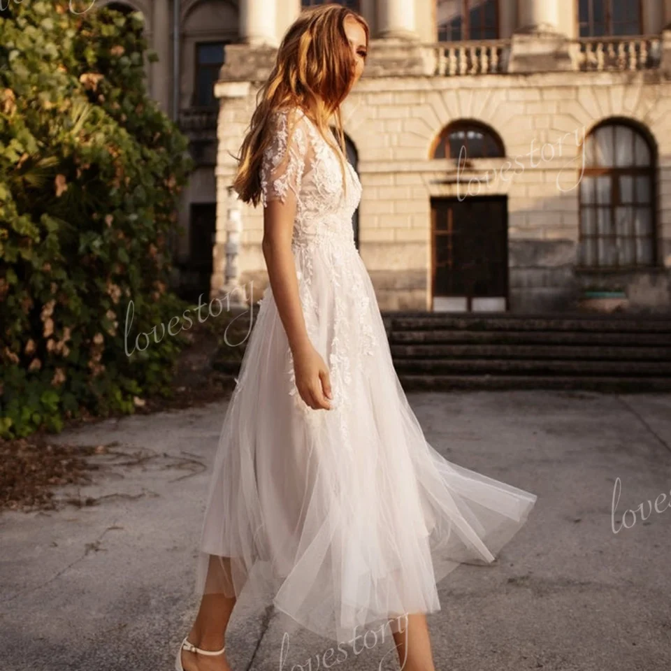 Vestidos De novia bohemios De línea a para mujer, ilusión De longitud media  hasta la pantorrilla, Vestido De novia con apliques, recién llegado -  AliExpress, image size:960x960