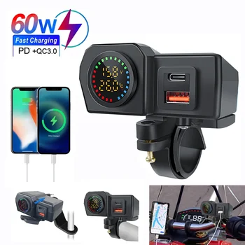 60W Motorcycle Handlebar PD QC3.0 Charger Socket USB Type-C Fast Charger Phone Power Adapter With Voltmeter Thermometer Display