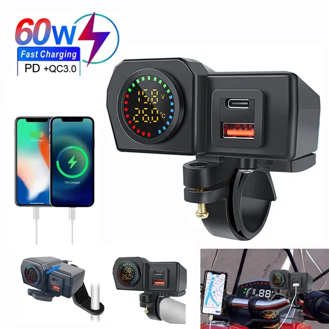60W Motorcycle Handlebar PD QC3.0 Charger Socket USB Type-C Fast Charger Phone Power Adapter With Voltmeter Thermometer Display