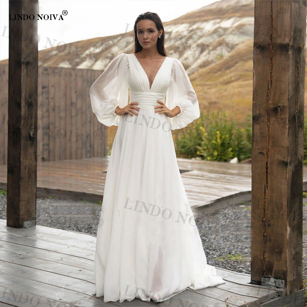 

LINDO NOIVA 2023 Simple Puff Sleeves Chiffon Wedding Dresses Long A-Line V Neck Backless Bridal Gowns Sweep Train Robe De Mariée