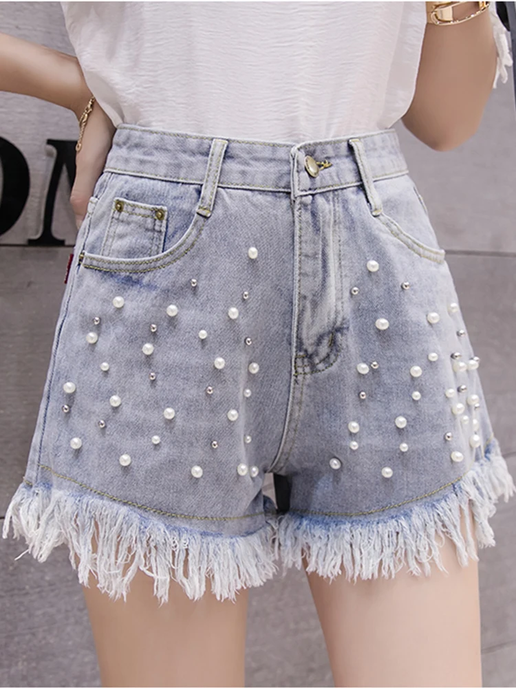 

FTLZZ Summer Casual Lady Beading Tassel Denim Shorts Vintage Women High Street Empire Slim Denim Shorts