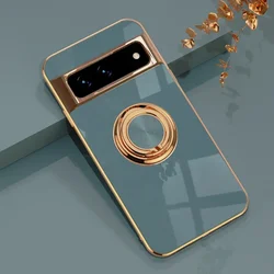 Luxury Plating Silicone Shockproof Phone Case with Metal Ring Magnetic Holder Stand for Pixel 9 Pro (Gray)