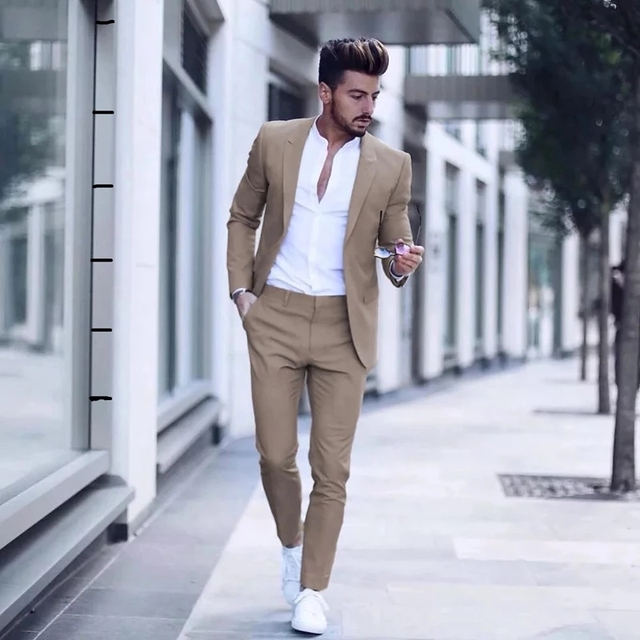 Casual Business Men Suits for Wedding 2 Pieces Suits Man Groom Tuxedos Slim Fit Peak Lapel Terno Masculino Costume Homme - Khaki, XXXL