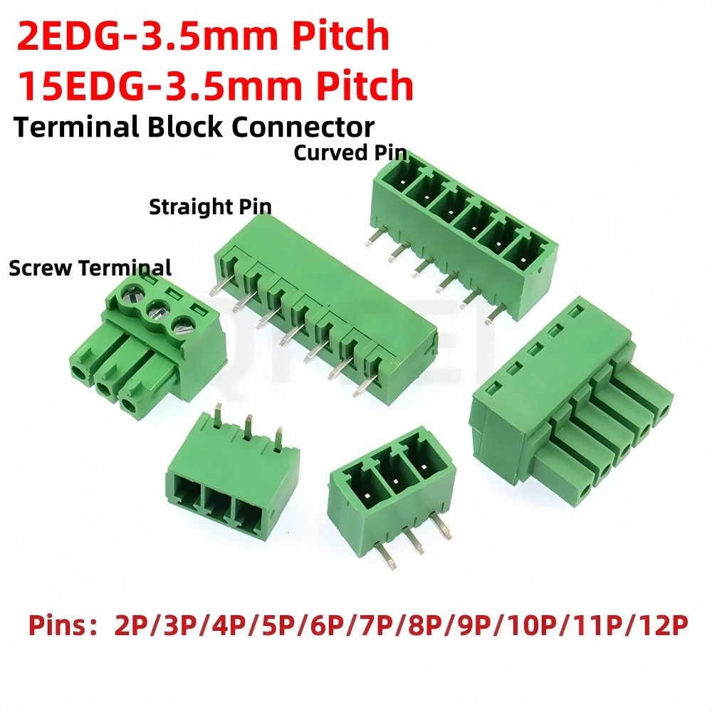PCB Screw Terminal Block Connector 2EDG 3.5mm Pitch - 10PCS Pack Pluggable Terminal with Straight and Curved Pins