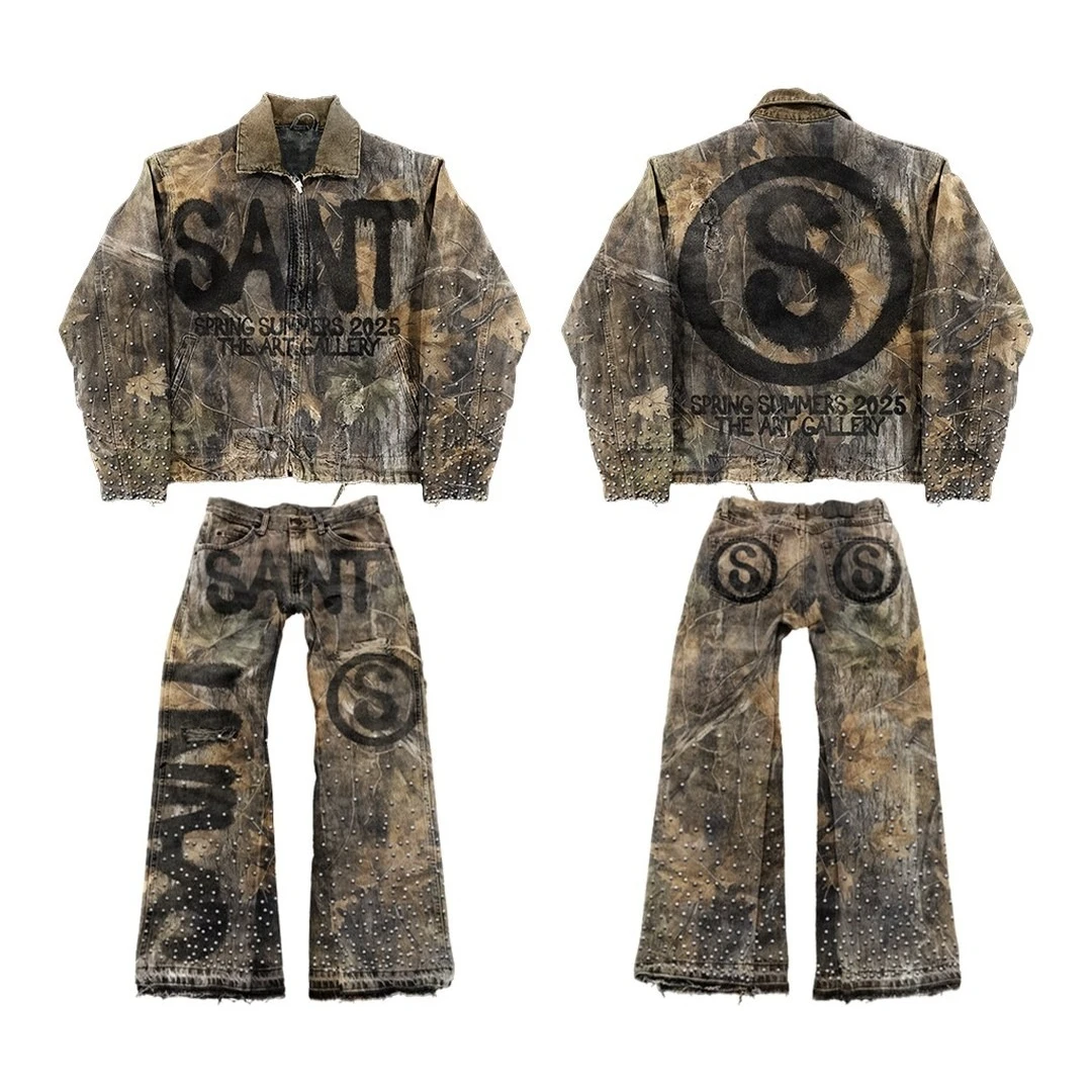 Vintage Leaves Camouflage Jeans Jacket Two Piece Set Y2K Suit Men Letters Rhinestone Sequins Oversized Coat Baggy Jeans Clothing