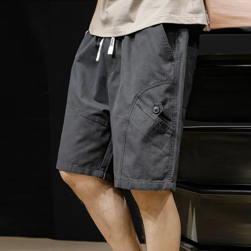 Summer New Solid Color Fashion Elastic Waist Knee Length Pants Man High Street Cotton Pocket Patchwork Button Straight Pants