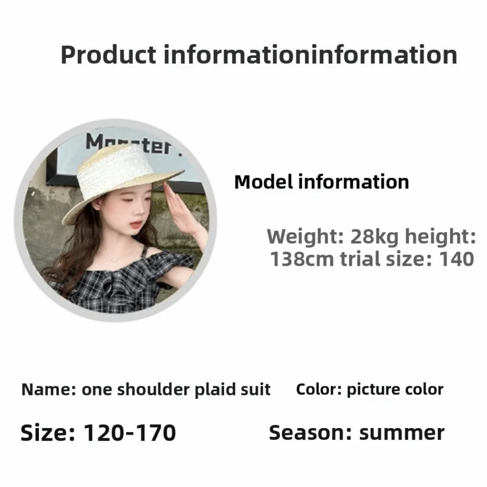 Grid Pleated Kids Ruffles Short Dress One Shoulder Neck Suspenders Girls Puff Sleeve Skirt Casual Camisole Top