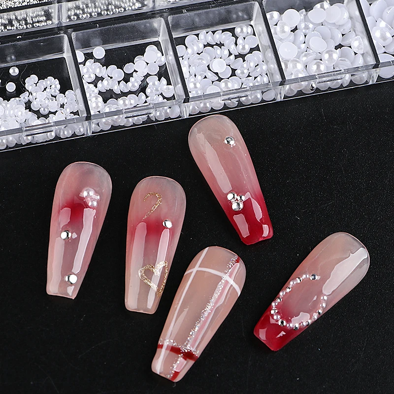 12 Grids White Half Round Pearl Nail Art Decoration Mixed Size Silver Gold Mini Steel Ball Rivet Rhinestone Nail Accessories 6
