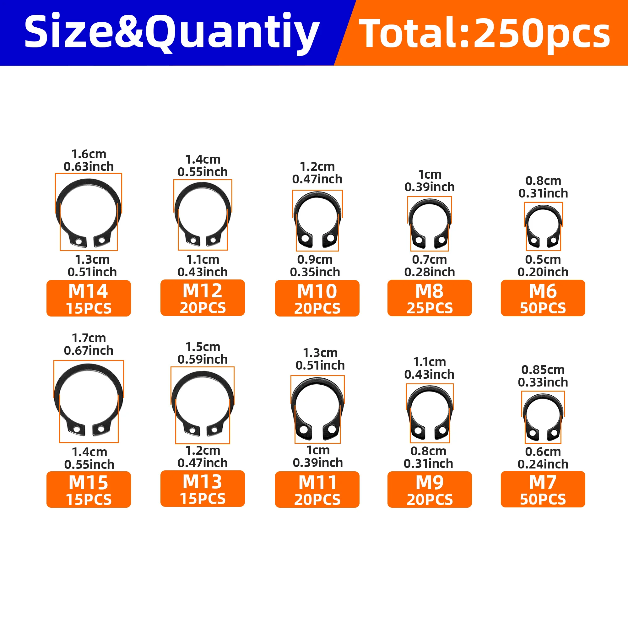 250pcs Assortment Kit Set M6 to M15 Black 65mn Shaft Bearing Retaining Clip Snap Ring C Type External Circlip