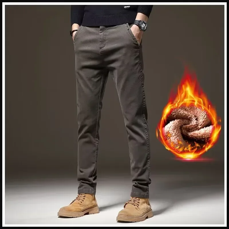 

Brand Clothing Winter Fleece Warm Casual Pants Men Cotton Elastic Waist Brown Grey Twill Work Slim Flocking Cargo Trousers Male