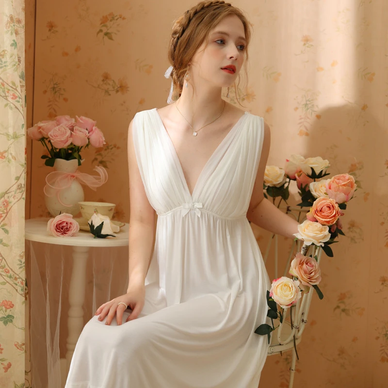Women Summer Sleeveless Modal Nightie Sexy Deep V Neck Knee Length Nightdress French Vintage