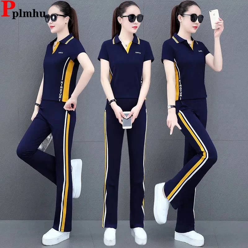 Summer Mom Two Piece Sets Patchwork Tshirt Tops Tracksuit High Waist Straight Baggy Pants Suits Casual Large Size Ensemble