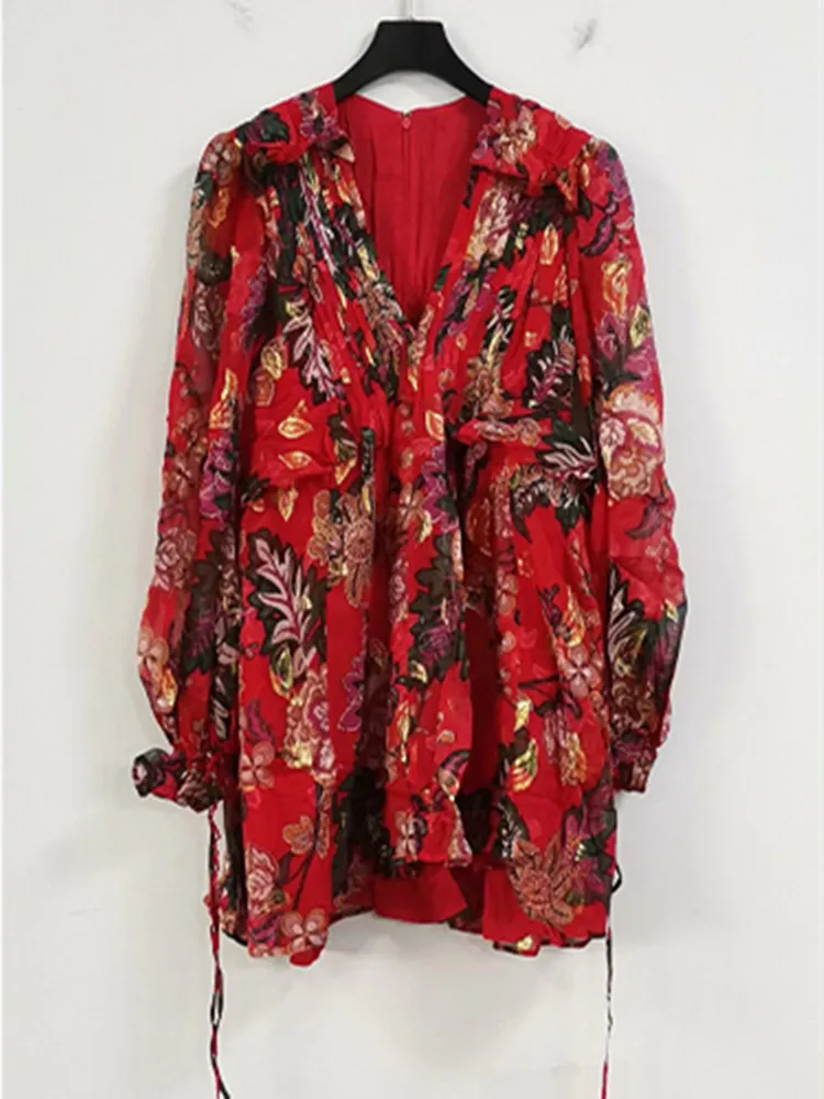 

Мини-платье женское шелковое Плиссированное с длинным рукавом и V-образным вырезом