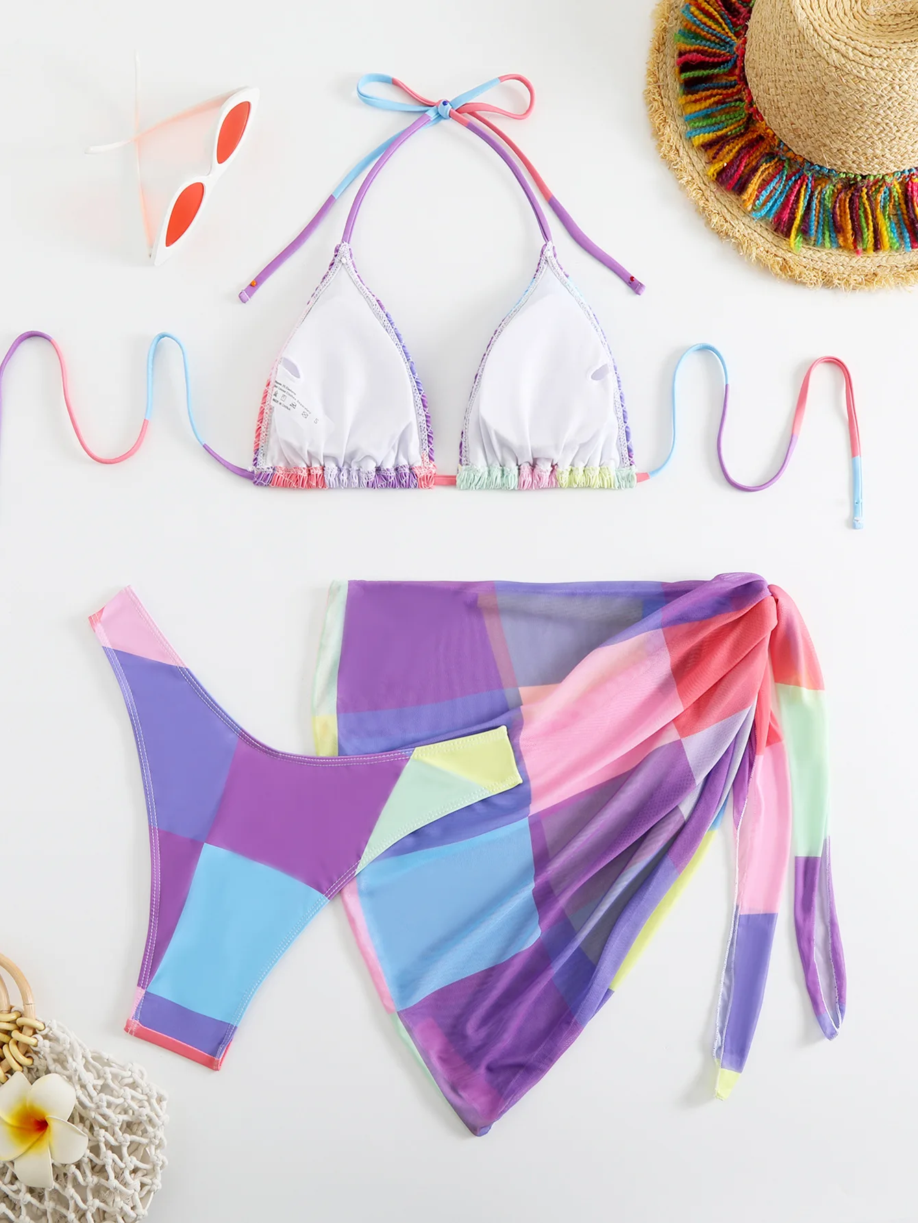 Girls 3pack Color Blocks Bikini Sets Kids Swimsuit&skirts 7-12 Years Children's Swimwear Teens Smocked Bathing Suit Purple