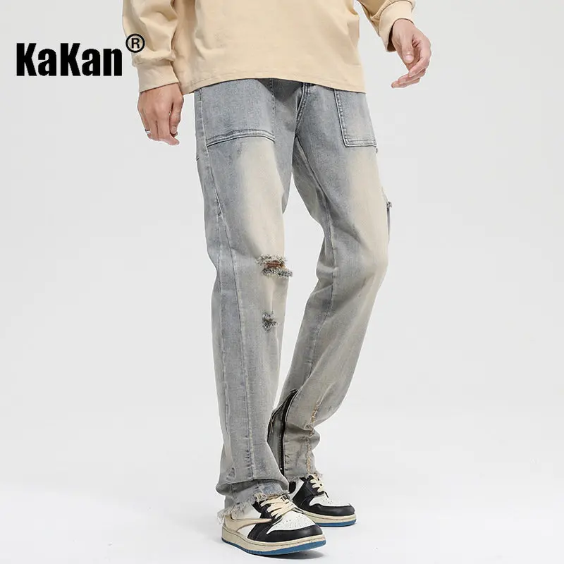 Kakan - New Raw Edge Zippered Trouser Hem Hole Straight Leg Jeans for Men, Mud Yellow Slim Fit Long Jeans K62-1954