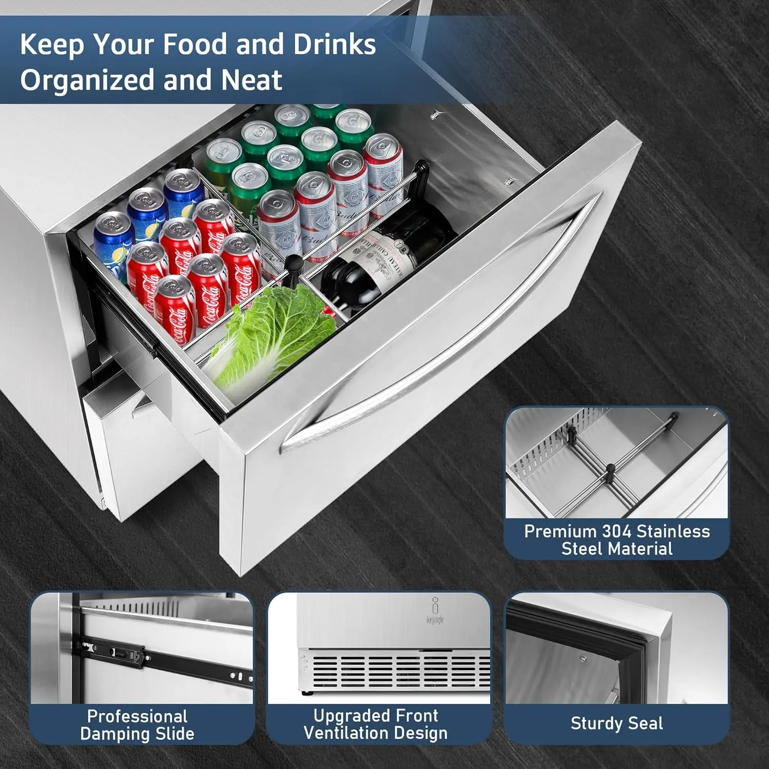 24 inch Refrigerator, Outdoor Fridge for Patio, Wine and Beverage Refrigerator, Drawer Refrigerator Under Counter