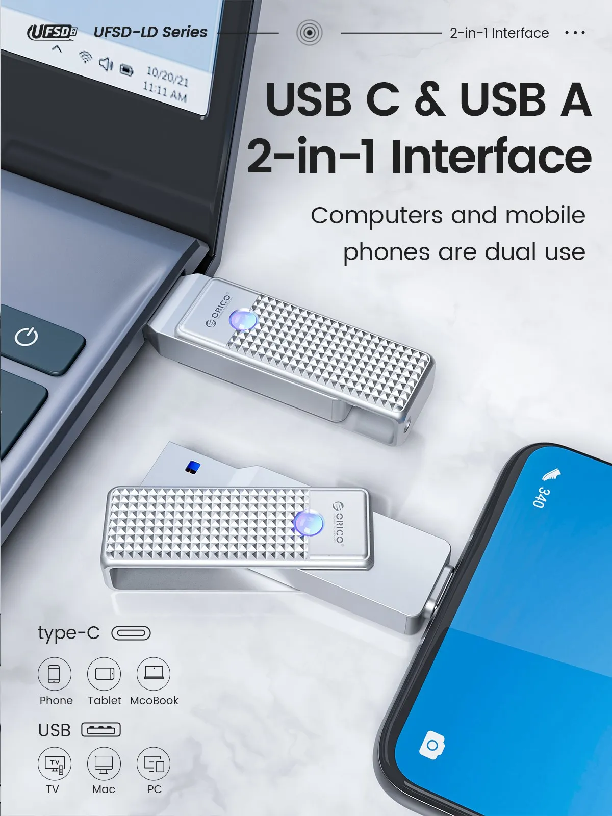 Orico Ufsd 405 mb s Alta Velocidade tipo c Usb a Interfaces Duplas Pen Drive em Dual Flash Drive para Macbook Android Smartphone pc - Imagem 3