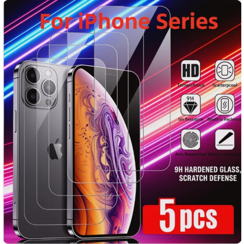 Lot de 5 protections d'écran en verre trempé pour iPhone 17, 16, 15, 14, 13, 12, 11 Pro Max, Mini, 7, 8, 15, 16 Plus, SE, X, XS, XR