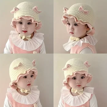 Cute Bow Baby Girl Winter Hat Soft Knitted Ruffle Infant Baby Ear Protection Thick Warm Windproof Toddler Earflap Beanie 1