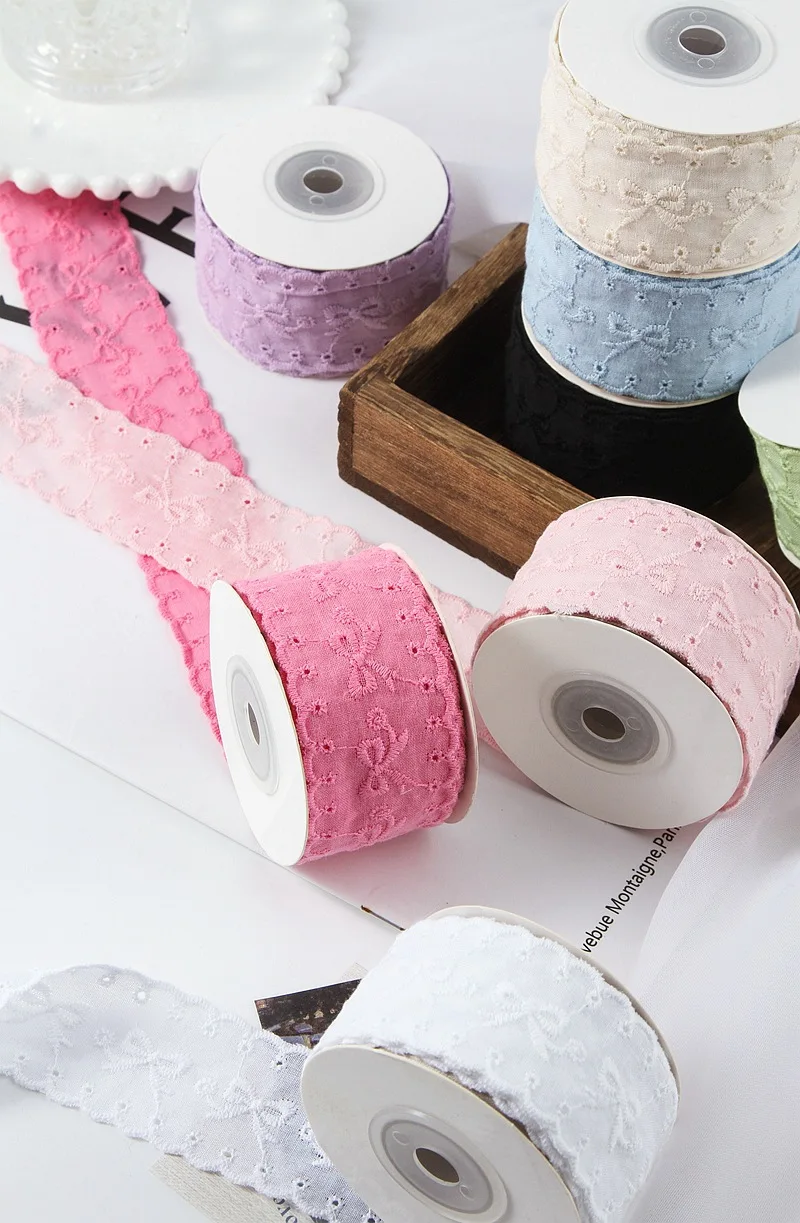 웨이브 레이스 활 자수 리본, 수제 DIY 나비, 결혼 선물 상자, 포장 리본, 38mm, 25mm, 5 야드