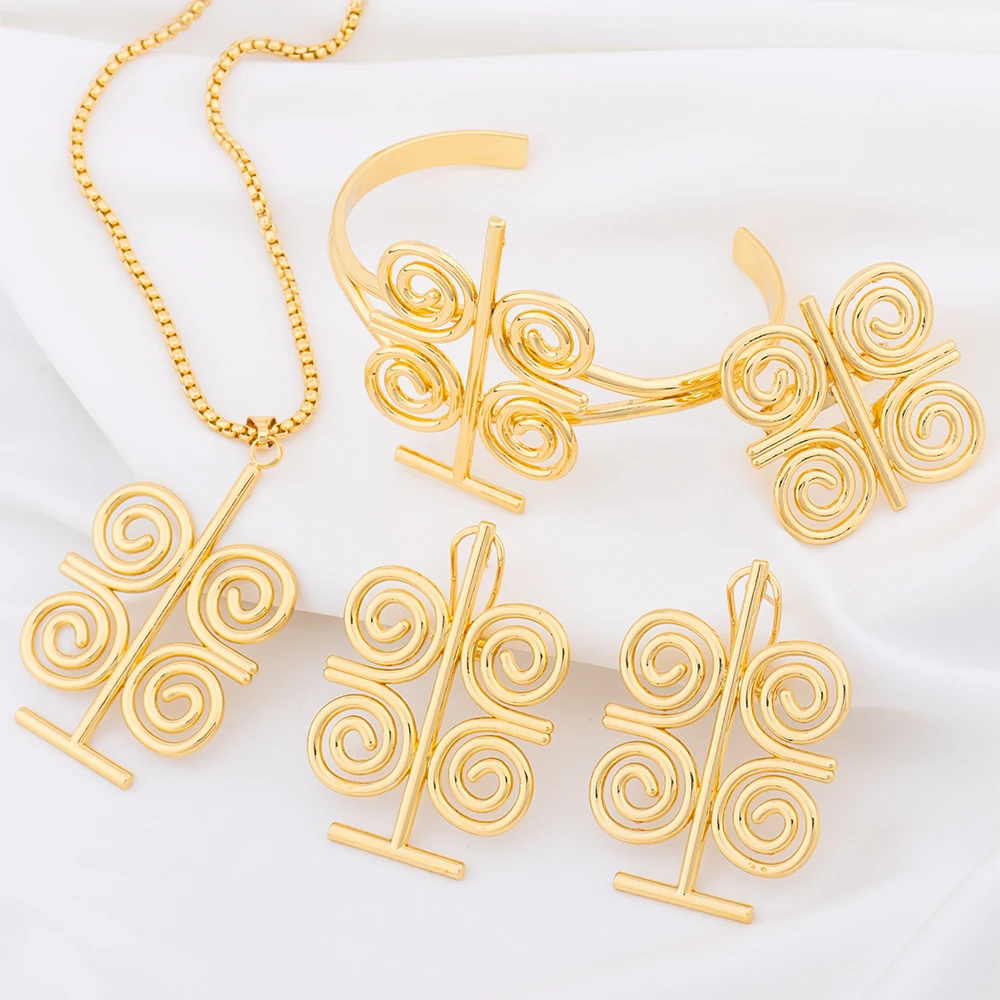 

Gold Color Jewelry Sets for Women Geometry Pendant Girls Clavicle Chain Necklace Earring Bracelet Ring Fashion Wedding Jewelry