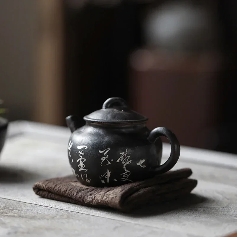 

110ml Handwritten Silver Characters Teapot Japanese Powder Yin Treasure Pot Handmade Rough Pottery Kettle with Filter Tea Gift