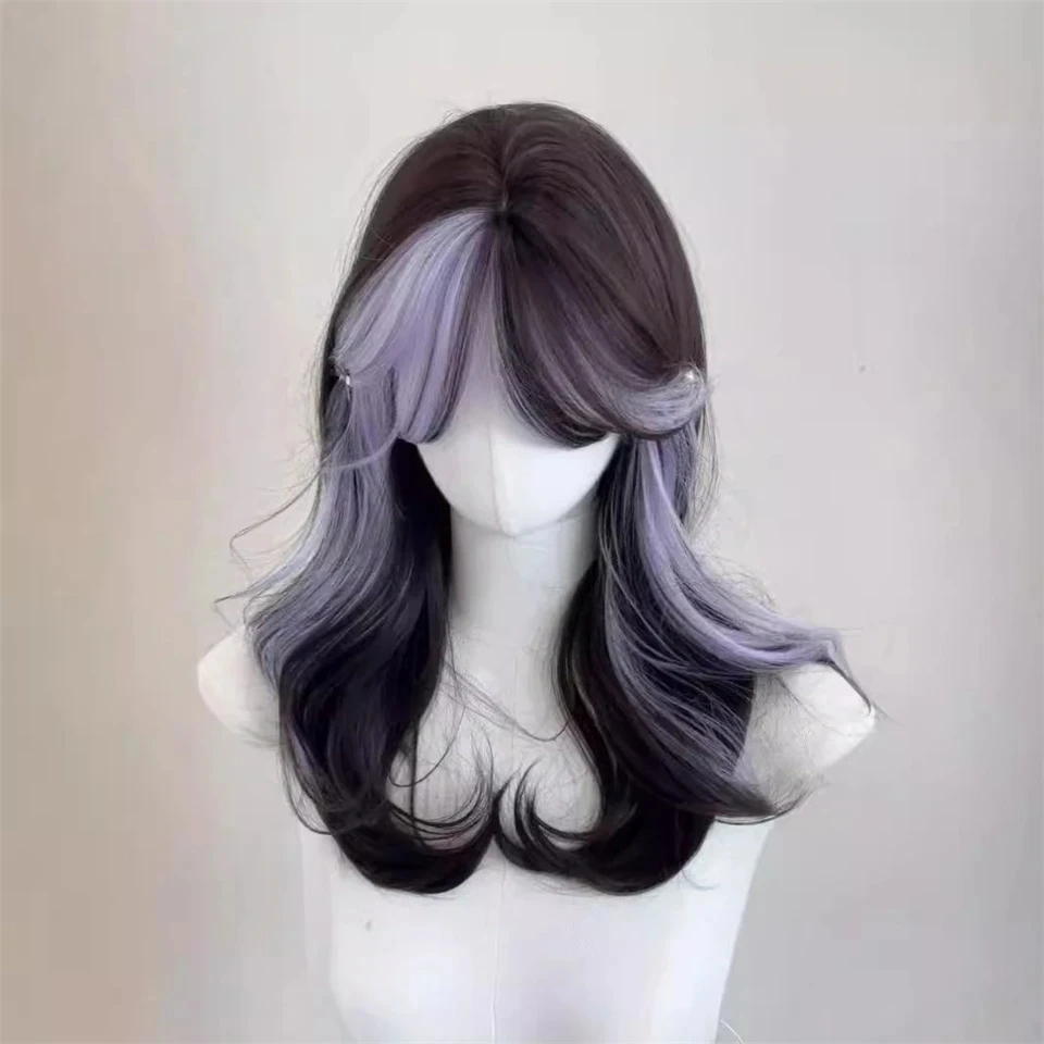 Synthetic Black Purple Long Wavy Wig for Women Cosplay Party