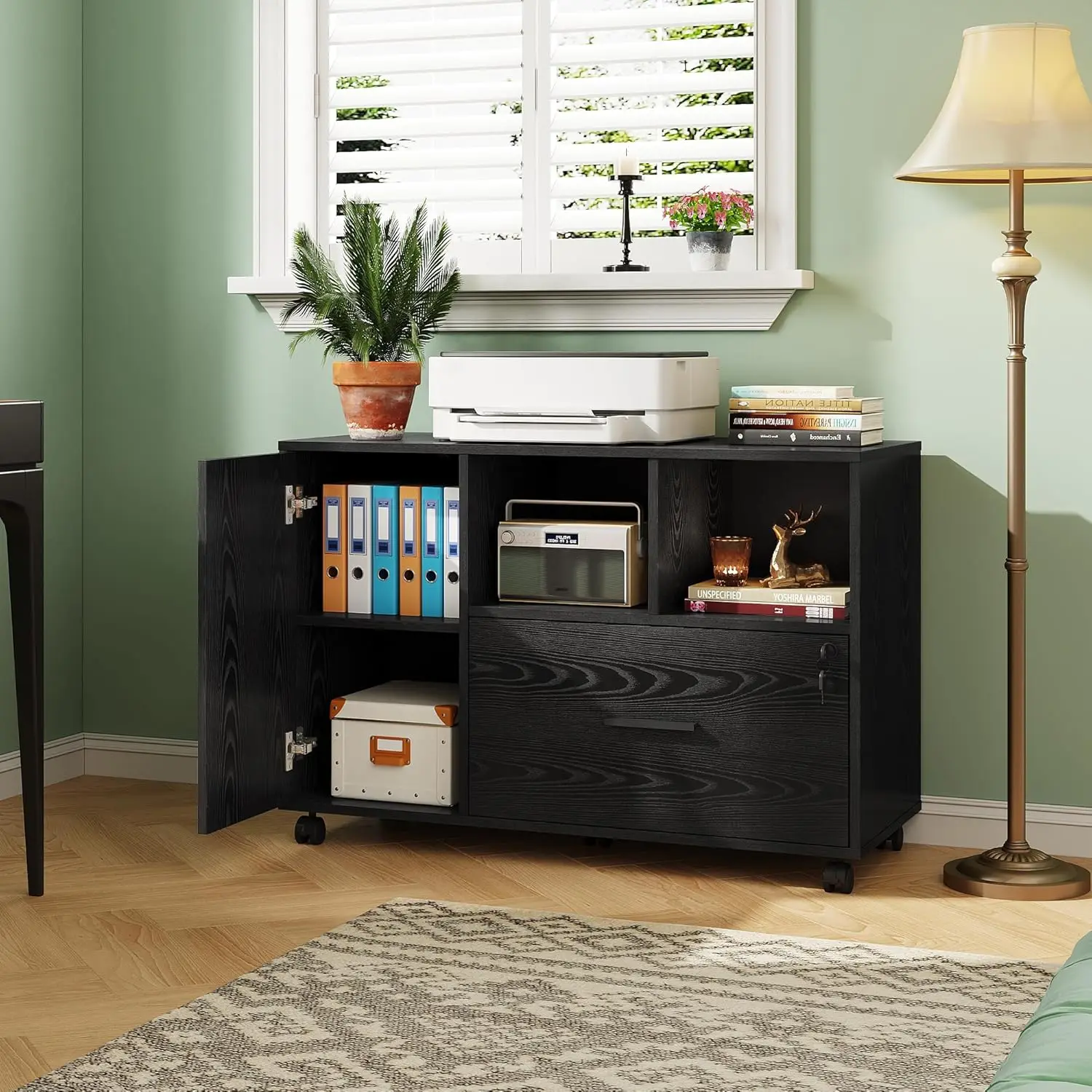 Office File Cabinet with Lock, 1-Drawer Wood Lateral Filing Cabinet on Wheels, Printer Stand with Open Storage Shelves, Black