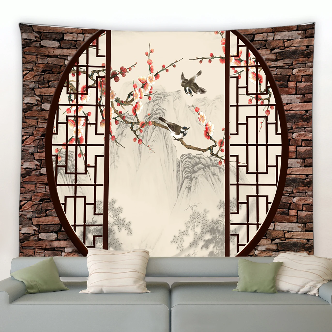Chinese-Nature-Scenery-Tapestry-Vintage-Style-3D-Arches-Green-Bamboo