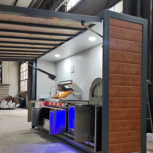 ห้องครัวบาร์บีคิวกลางแจ้งแบบปิดได้สำหรับเตาปิ้งย่าง พร้อมครัวโมดูลาร์ SS304 ปรับแต่งได้ ทนทานต่อสภาพอากาศ ทำจากสแตนเลส สำหรับลานบ้าน 1