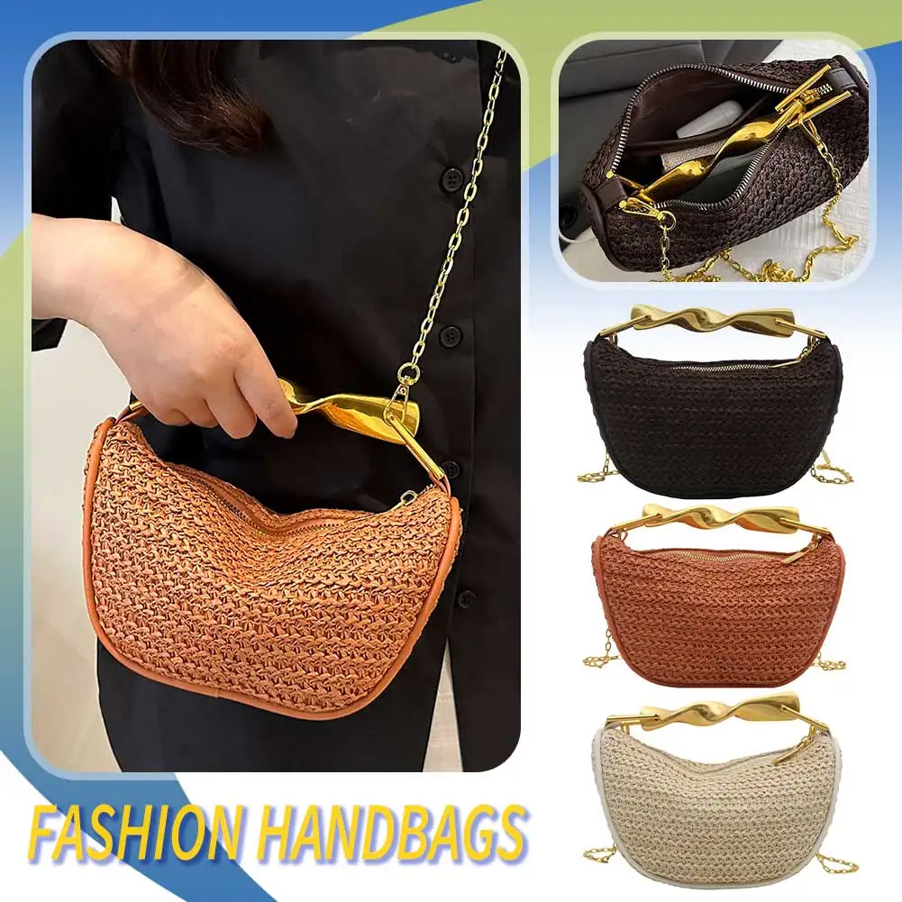 Women Elegant Knitting Handbag Straw Crossbody Bags Seaside Beach Shoulder Bag Handwoven Commute Sling Bag with Metal Handle