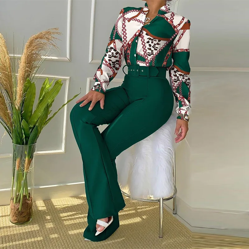 

2024 summer new leisure suit printed stand collar long-sleeved shirt top wide-leg pants two-piece set
