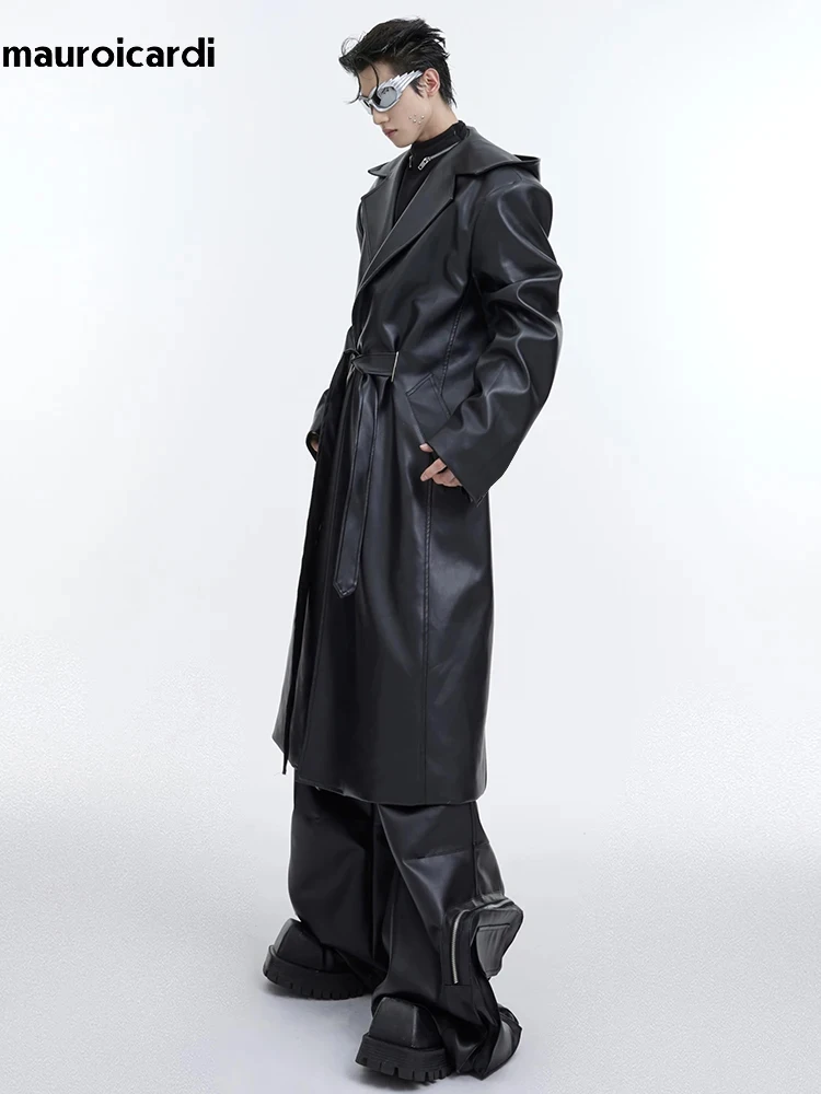 Mauroicardi Autumn Long Oversized Waterproof Black Faux Leather Trench Coat Men with Hood Loose Luxury Designer Clothes 2023 5
