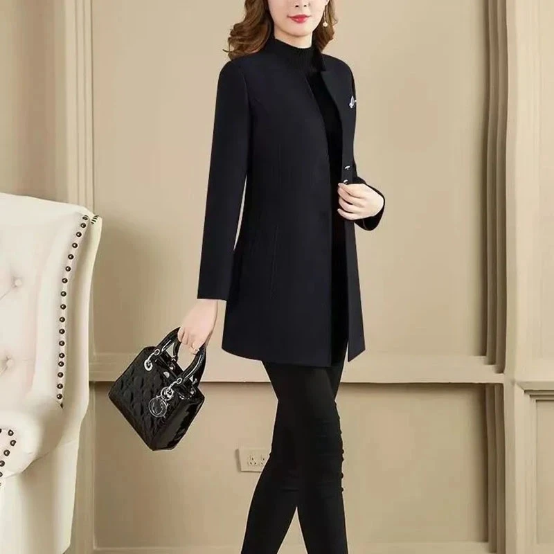 여성용 루즈 미드 롱 모직 재킷, 싱글 브레스트 울 코트, 여성 아우터 바람막이, 가을 겨울 패션, 2023 신상
