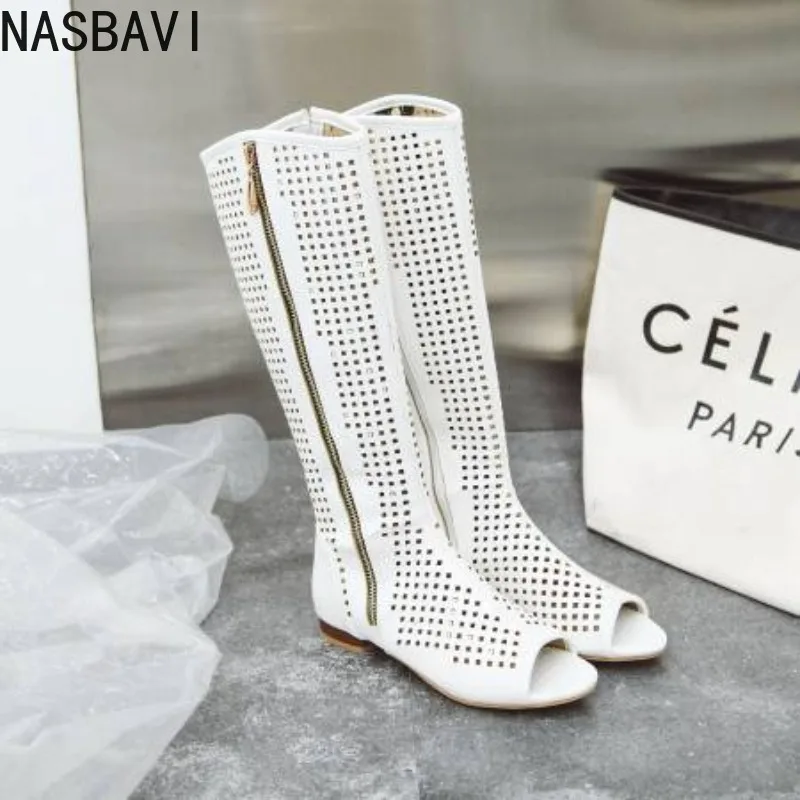 NASBAVI Fashion Women Flats Knee High Summer Boots Peep Toe Square Heels Fretwork Party Shoes Retro Rome Sexy Ladies Footwear