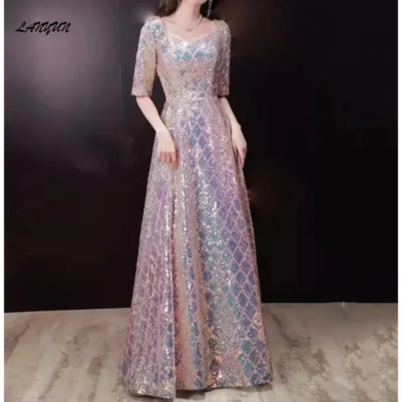 Sequined Square Collar Evening dresses Women Wedding Party Fit Temperament Half Sleeve Prom Vestidos Slim cocktail Banquet