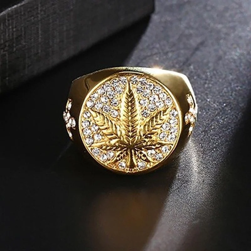 Business Men's Gold Color Carved Maple Leaf Rings Punk Inlaid White Zircon Wedding