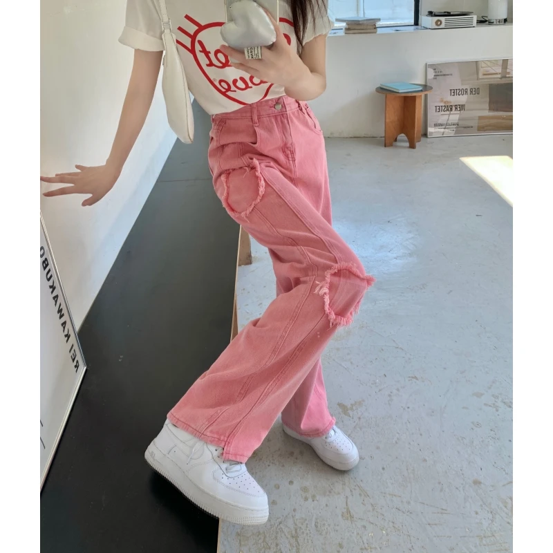

Vintage Women Pink Jeans Chic Y2K High Waist American Streetwear Wide Leg Pants Fashion Straight 2023 Summer Female Trouser