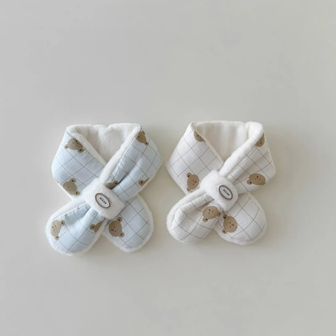 Korean Cute Bear Baby Winter Scarfs for Girls Boys Children's Neck Cross Fleece Warm Kids Scarves Baby Accessories