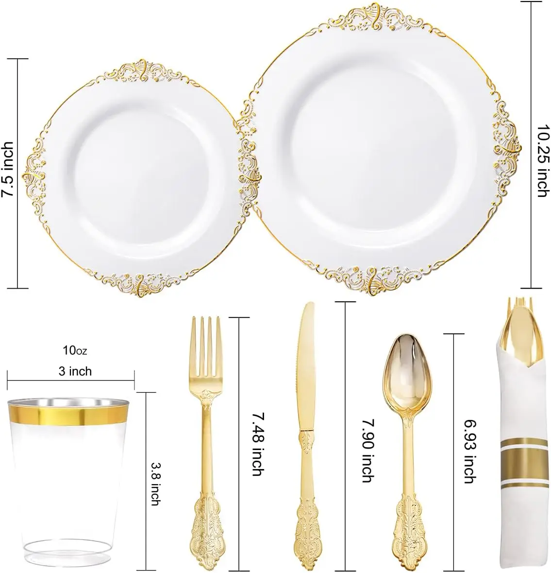 350PCS Gold Plastic Plates-Disposable Dinnerware Plates and Pre Rolled Napkins with Plastic Cutlery Party(Heavyweight)