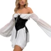 Women's Chiffon Tunic Mini Dresses Sexy Lace Up Low Cut Flare Long Sleeve Off Shoulder Mesh Yarn Boat Neck Loose Short Dresses 3