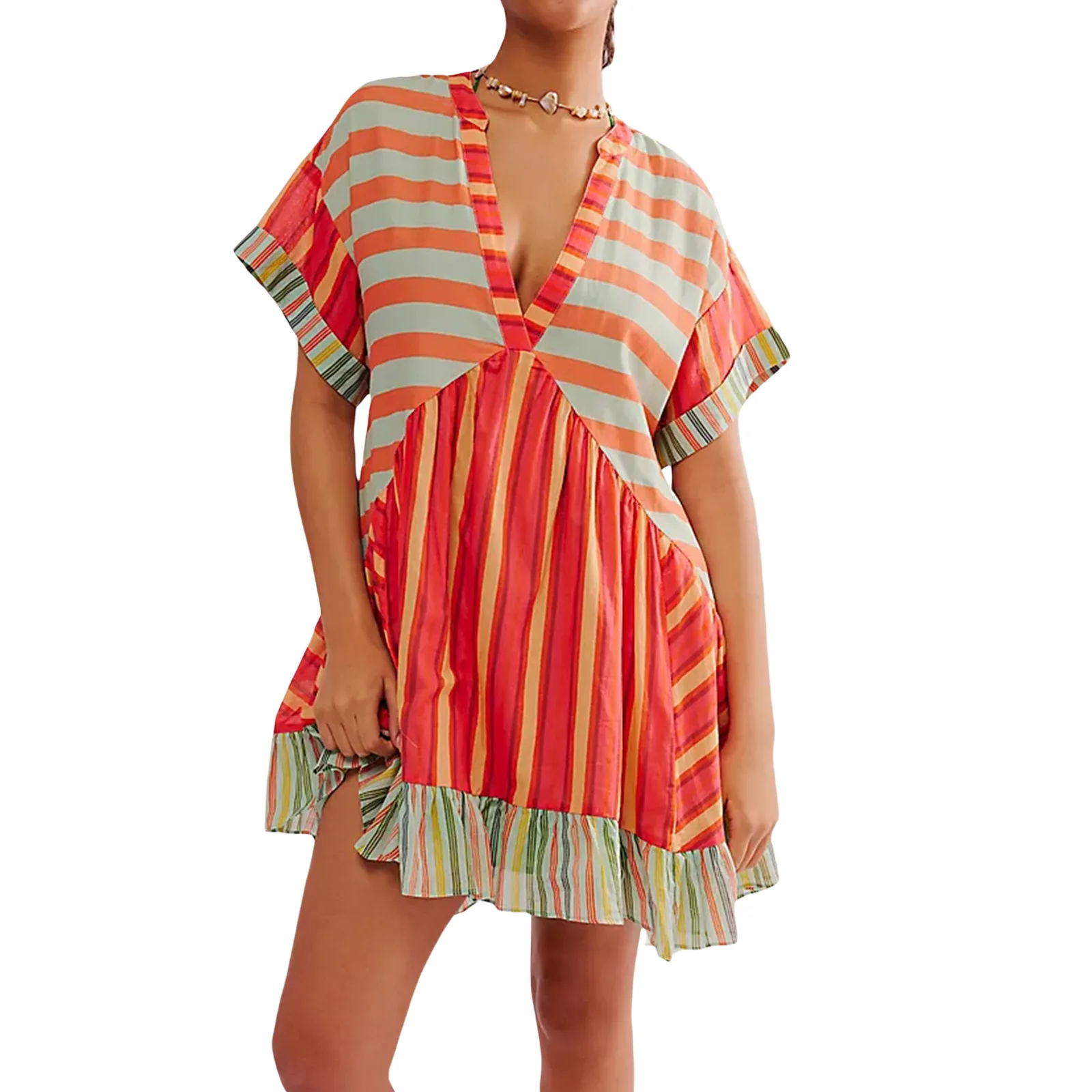 Color Vintage Print Mini Dresses Women Spring Summer New V-neck Short Sleeves Folds Loose Irregular Short Dress Fashion Vestidos
