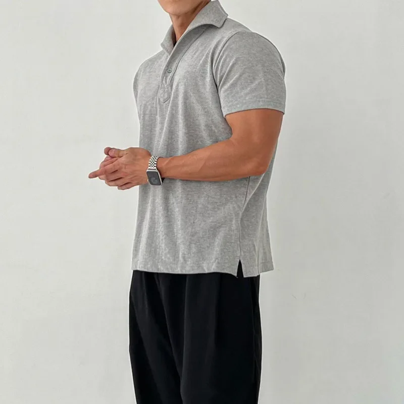

LUCLESAM Men's Lapel Polo Short Sleeved Shirt Silky Elastic Fitness Tops 2023 Summer Trend Casual Male Loose T-shirt Solid Color
